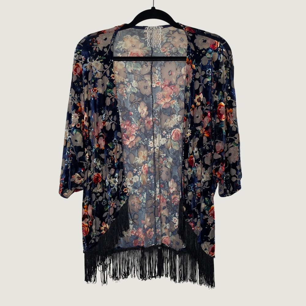 Kimono Wrap Womens Small Navy Blue Floral Burnout Velvet Fringe Boho Dark Floral